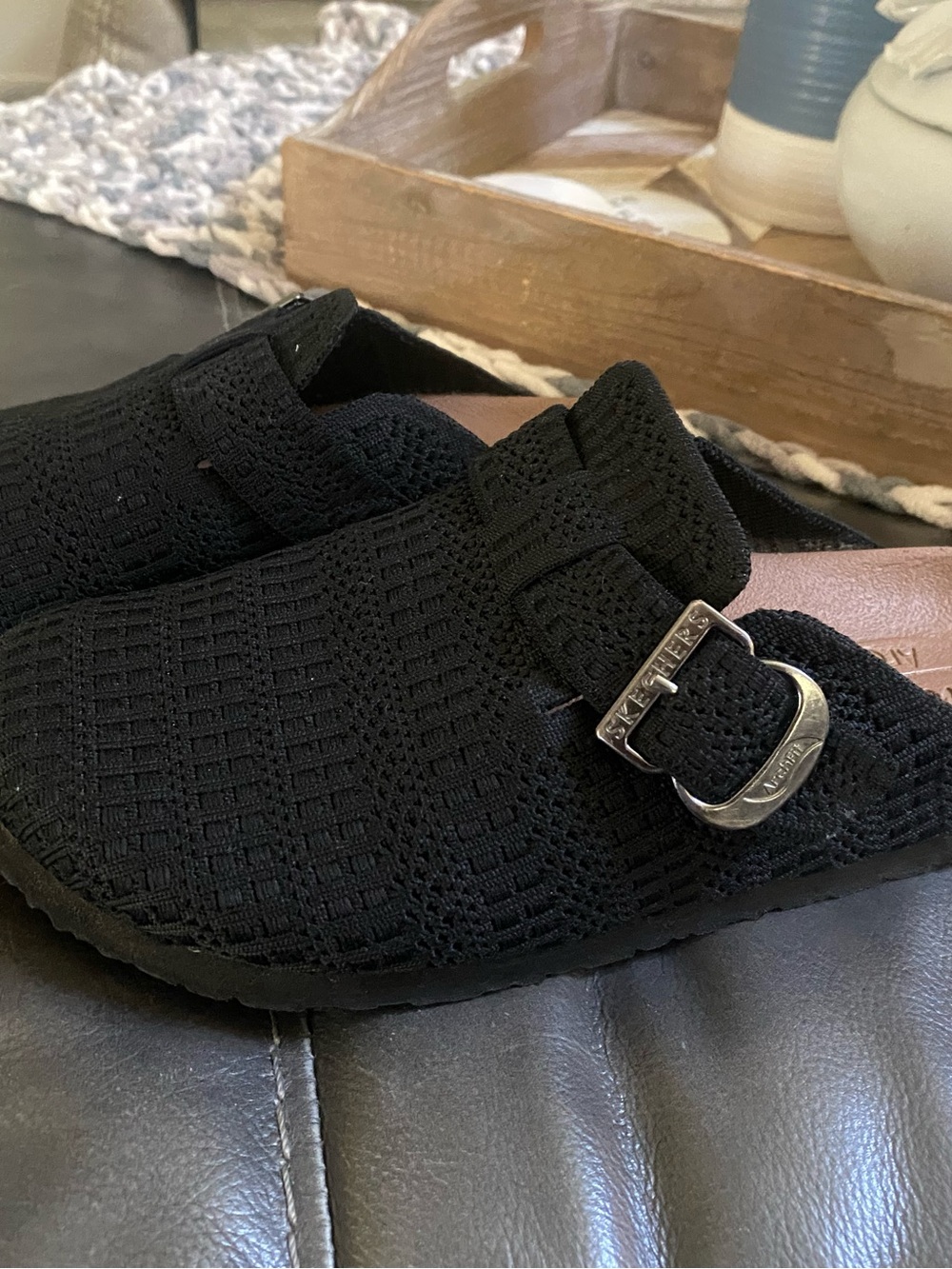 Skechers Black Knit Slip-On Clogs with Metal Buckle
